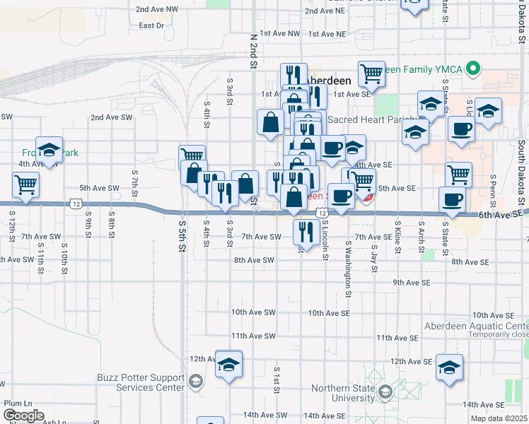 map of restaurants, bars, coffee shops, grocery stores, and more near 101 6th Avenue Southwest in Aberdeen