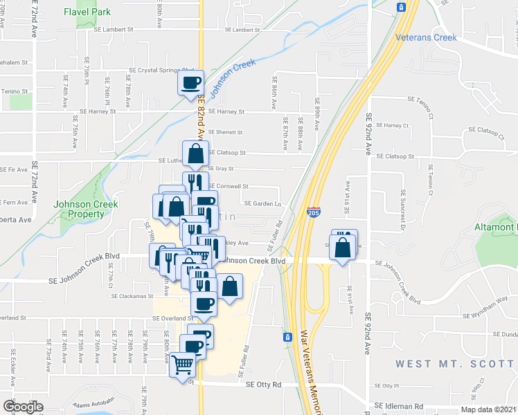 map of restaurants, bars, coffee shops, grocery stores, and more near 8516 Southeast Garden Lane in Happy Valley