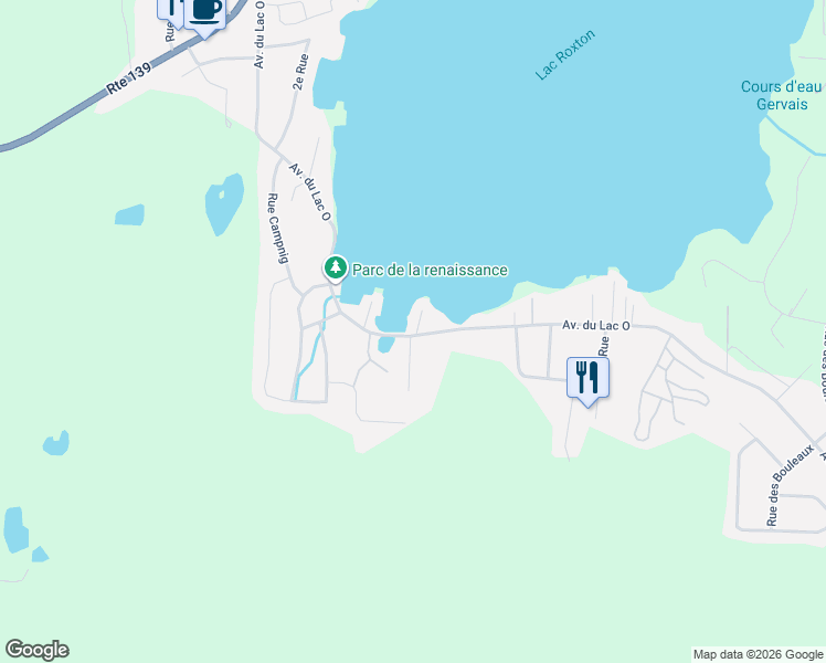 map of restaurants, bars, coffee shops, grocery stores, and more near 1753 Avenue du Lac Ouest in Roxton Pond