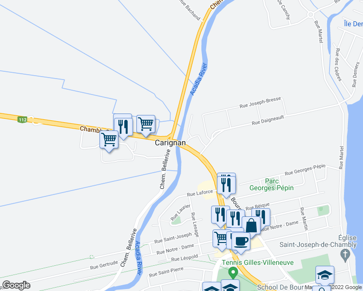 map of restaurants, bars, coffee shops, grocery stores, and more near 106 Boulevard de Périgny in Chambly