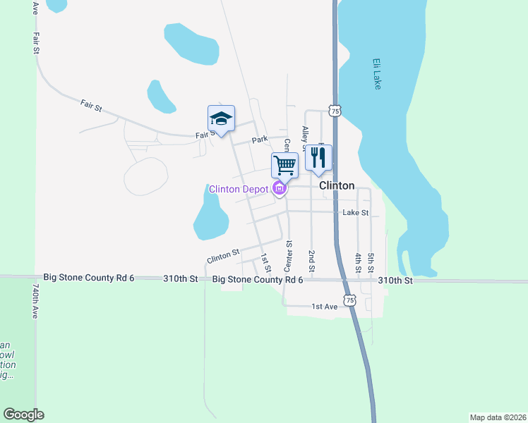 map of restaurants, bars, coffee shops, grocery stores, and more near 325 Lake Street in Clinton