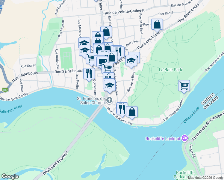 map of restaurants, bars, coffee shops, grocery stores, and more near 5 Rue Bruyère in Gatineau