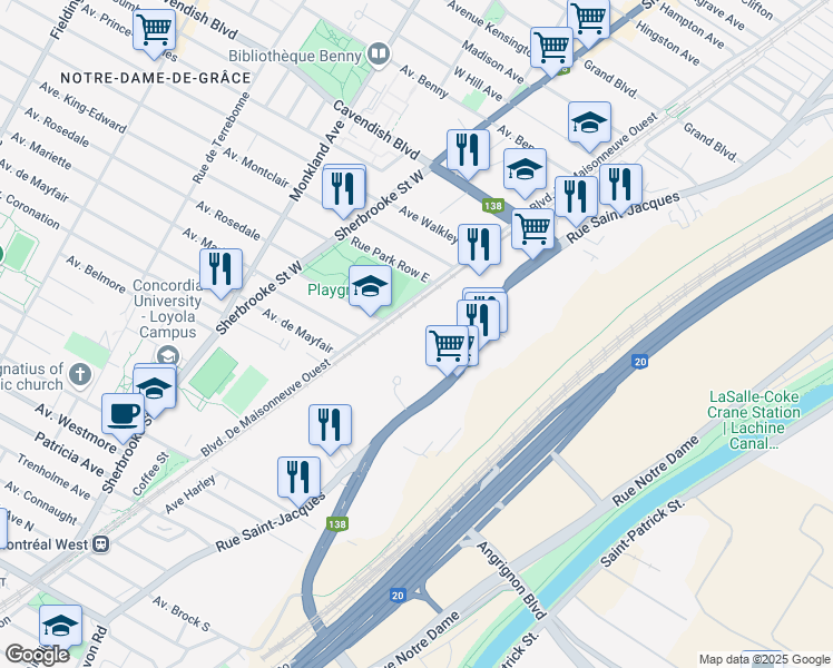 map of restaurants, bars, coffee shops, grocery stores, and more near 6691 Rue Saint-Jacques in Montréal