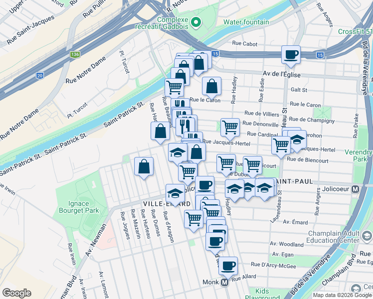 map of restaurants, bars, coffee shops, grocery stores, and more near 5941 Boulevard Monk in Montréal
