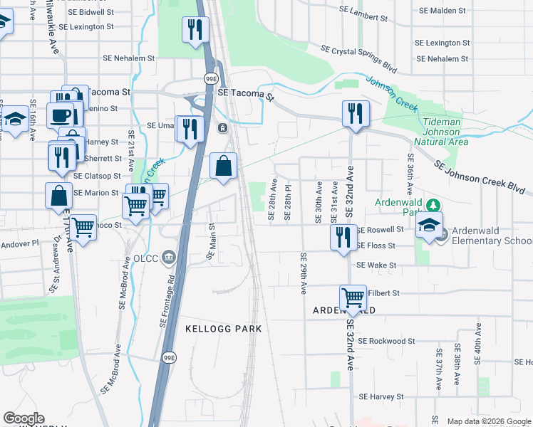 map of restaurants, bars, coffee shops, grocery stores, and more near 8815 Southeast 28th Avenue in Milwaukie