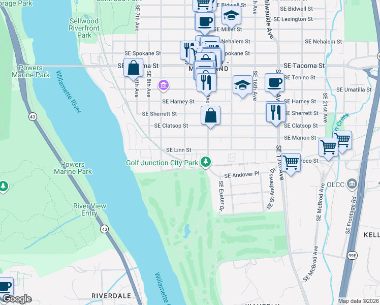 map of restaurants, bars, coffee shops, grocery stores, and more near 1116 Southeast Linn Street in Portland
