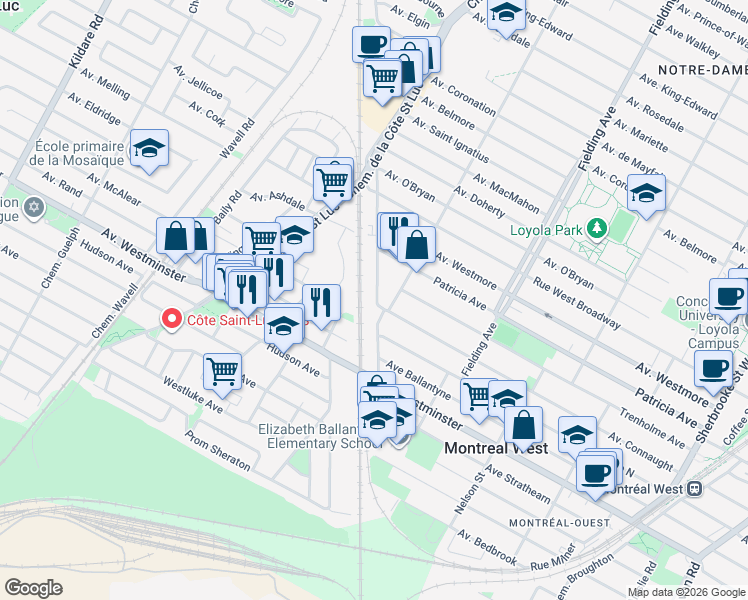 map of restaurants, bars, coffee shops, grocery stores, and more near 5308 Avenue Connaught in Montreal