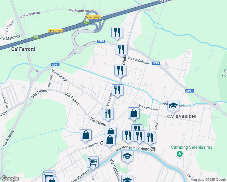 map of restaurants, bars, coffee shops, grocery stores, and more near 4 Via Basilicata in Mira