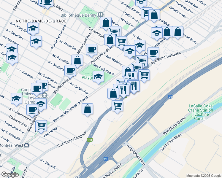 map of restaurants, bars, coffee shops, grocery stores, and more near 6691 Rue Saint-Jacques in Montréal