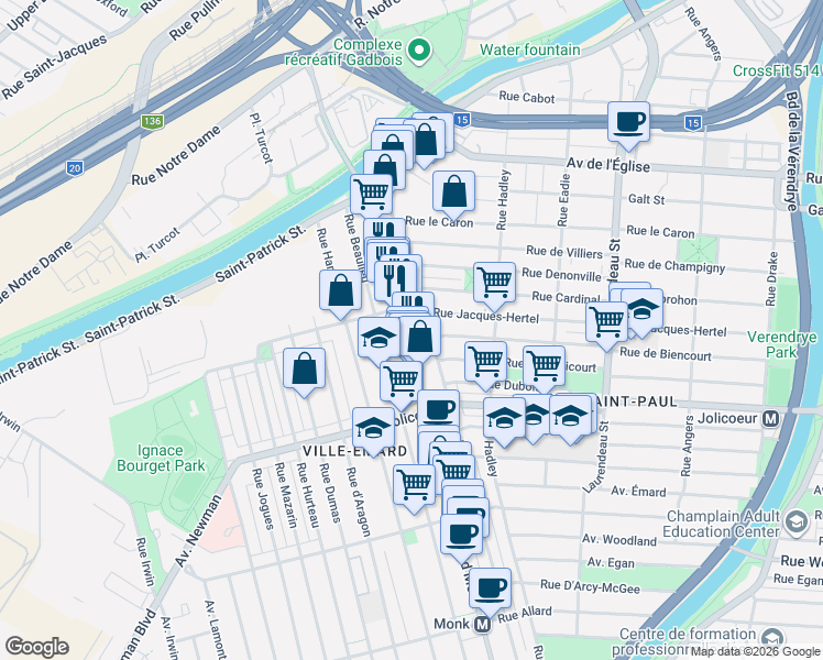 map of restaurants, bars, coffee shops, grocery stores, and more near 5960 Boulevard Monk in Montréal