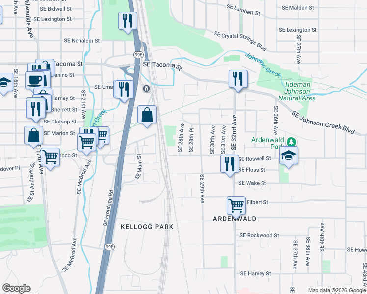 map of restaurants, bars, coffee shops, grocery stores, and more near 8814 Southeast 28th Avenue in Milwaukie