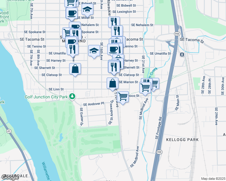 map of restaurants, bars, coffee shops, grocery stores, and more near in Milwaukie