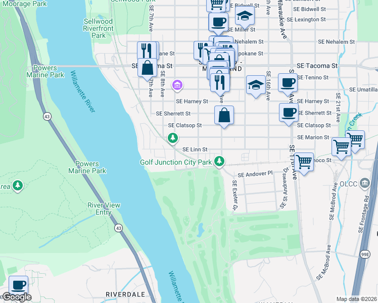 map of restaurants, bars, coffee shops, grocery stores, and more near 8824 Southeast 9th Avenue in Portland