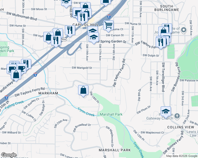 map of restaurants, bars, coffee shops, grocery stores, and more near 1721 Southwest Taylors Ferry Road in Portland