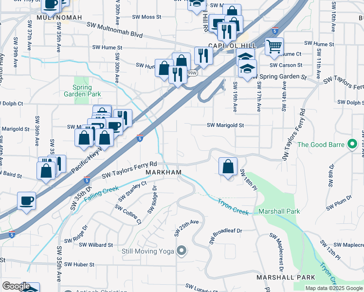 map of restaurants, bars, coffee shops, grocery stores, and more near 9134 Southwest 25th Avenue in Portland