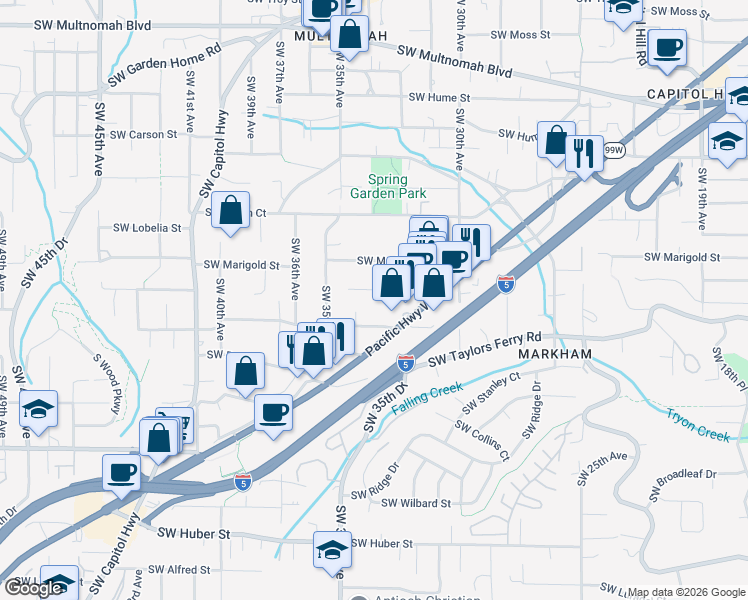 map of restaurants, bars, coffee shops, grocery stores, and more near 3405 Southwest Alice Street in Portland