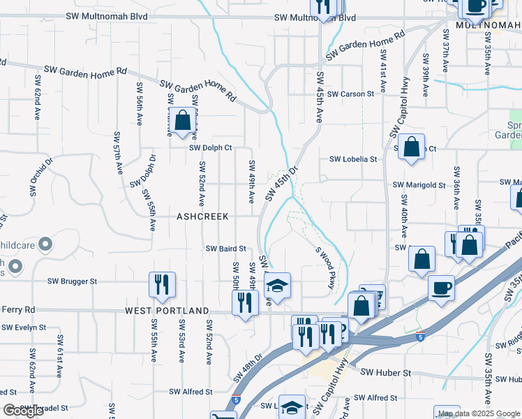 map of restaurants, bars, coffee shops, grocery stores, and more near 4827 Southwest Orchid Street in Portland
