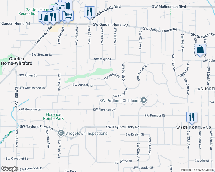 map of restaurants, bars, coffee shops, grocery stores, and more near 6712 Southwest Moonshadow Court in Portland