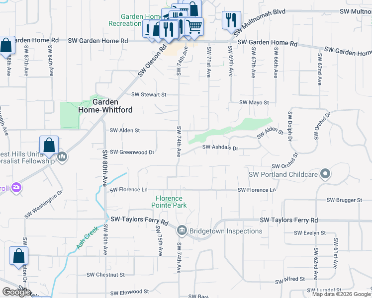 map of restaurants, bars, coffee shops, grocery stores, and more near 7375 Southwest Ashdale Drive in Portland