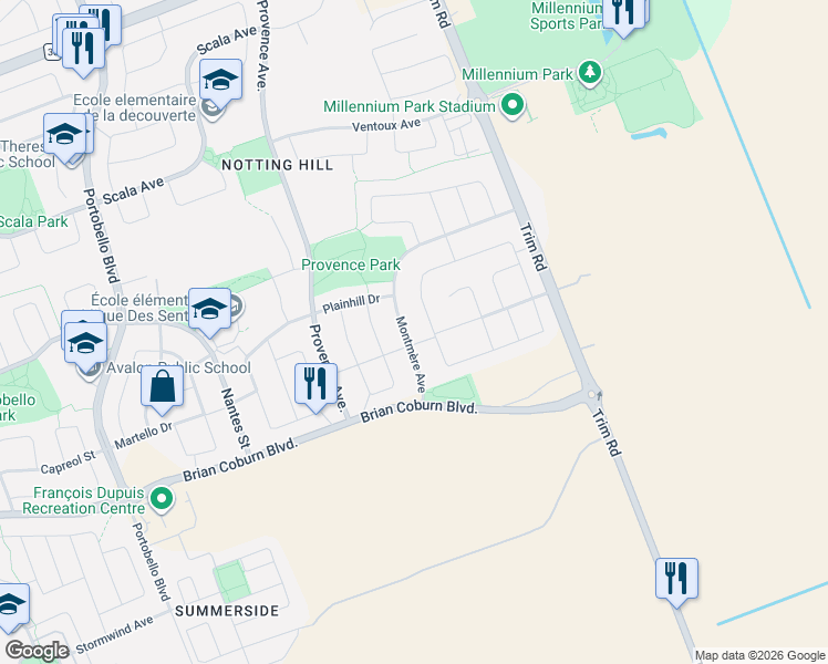 map of restaurants, bars, coffee shops, grocery stores, and more near 1882 Montmère Avenue in Ottawa
