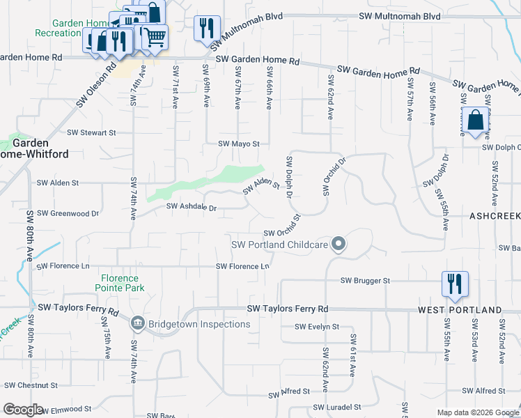 map of restaurants, bars, coffee shops, grocery stores, and more near 6703 Southwest Moonshadow Court in Portland