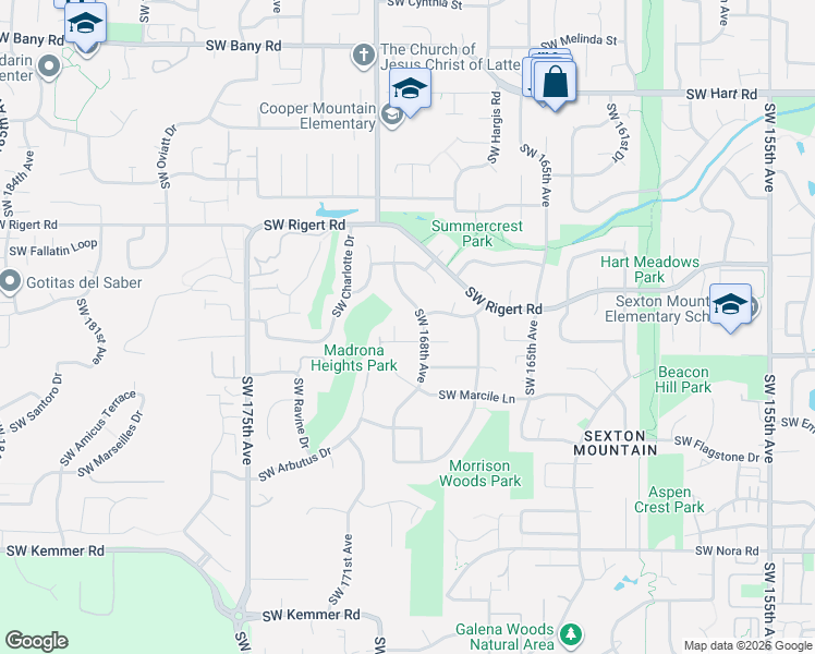 map of restaurants, bars, coffee shops, grocery stores, and more near 8427 Southwest 168th Avenue in Beaverton