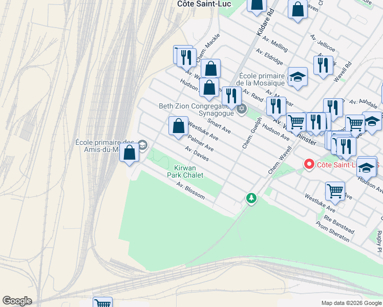 map of restaurants, bars, coffee shops, grocery stores, and more near 5750 Avenue Davies in Montréal