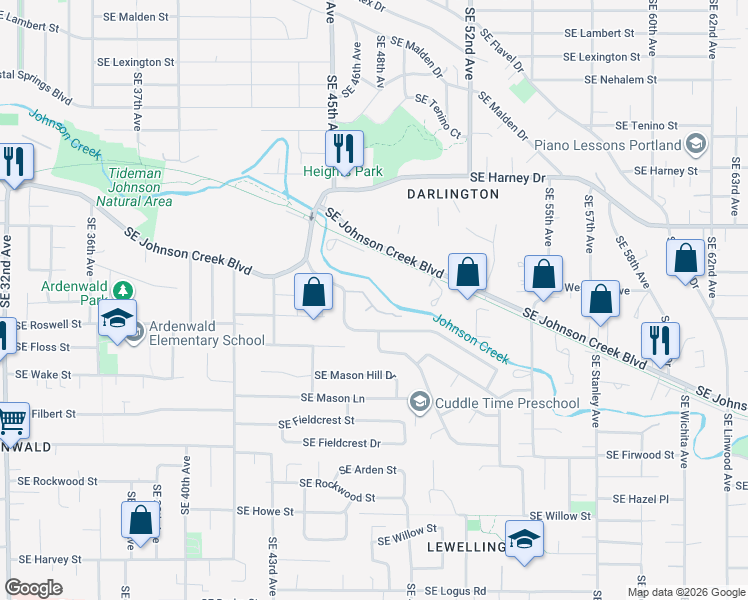 map of restaurants, bars, coffee shops, grocery stores, and more near 4611 Southeast Brookside Drive in Milwaukie