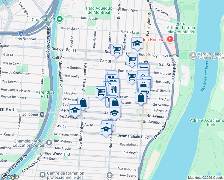 map of restaurants, bars, coffee shops, grocery stores, and more near 4525 Rue de Verdun in Montréal
