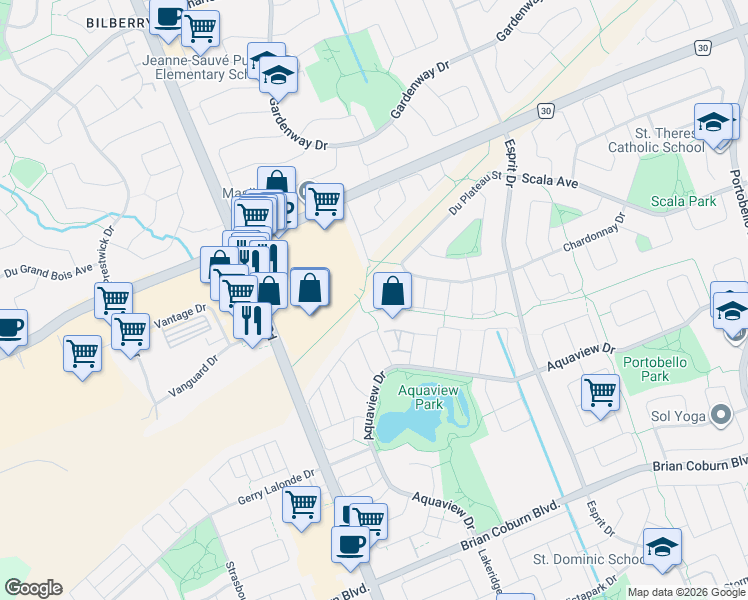 map of restaurants, bars, coffee shops, grocery stores, and more near 2106 Liska Street in Ottawa