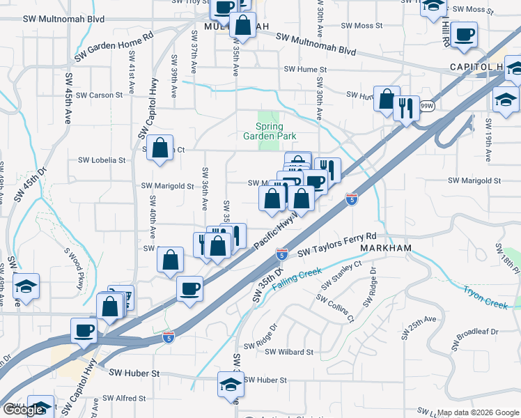 map of restaurants, bars, coffee shops, grocery stores, and more near 3405 Southwest Alice Street in Portland