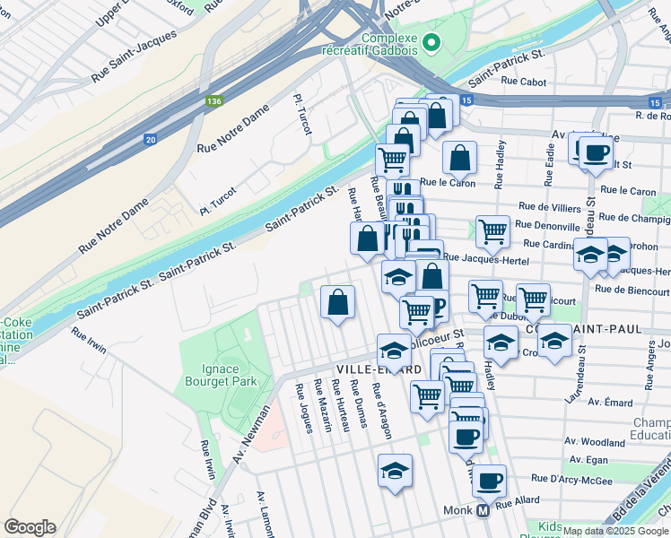 map of restaurants, bars, coffee shops, grocery stores, and more near 2735 Jacques Hertel Street in Montreal
