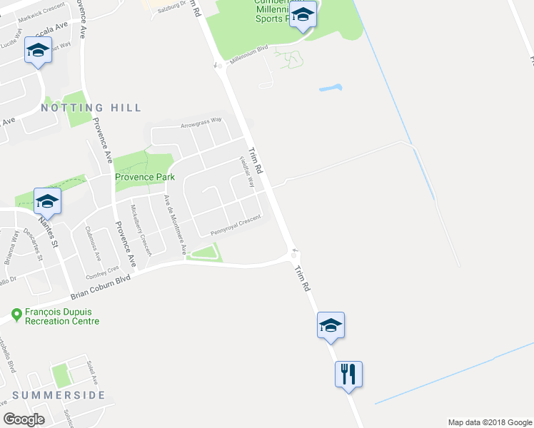 map of restaurants, bars, coffee shops, grocery stores, and more near 1998 Pennyroyal Crescent in Ottawa
