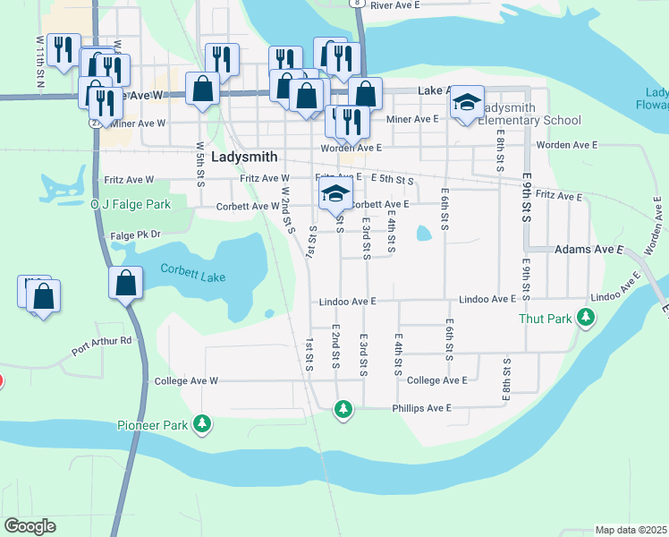 map of restaurants, bars, coffee shops, grocery stores, and more near 610 East 2nd Street South in Ladysmith