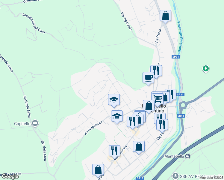 map of restaurants, bars, coffee shops, grocery stores, and more near 21 Via Verdi in Montebello Vicentino
