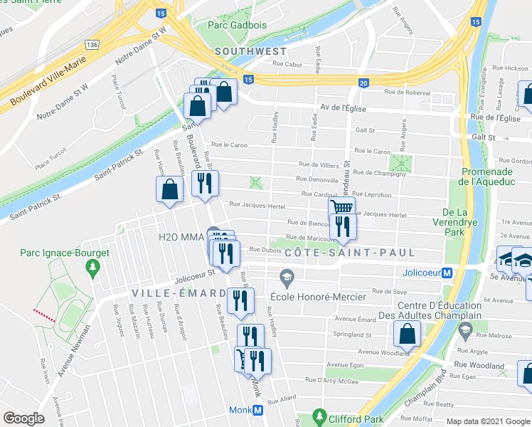 map of restaurants, bars, coffee shops, grocery stores, and more near 5923 Rue Hadley in Montréal