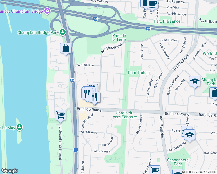 map of restaurants, bars, coffee shops, grocery stores, and more near 1920 Croissant Toscanini in Brossard