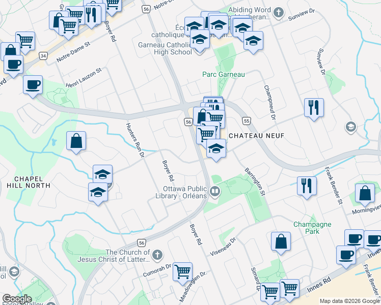 map of restaurants, bars, coffee shops, grocery stores, and more near 1531 Kamouraska Circle in Ottawa