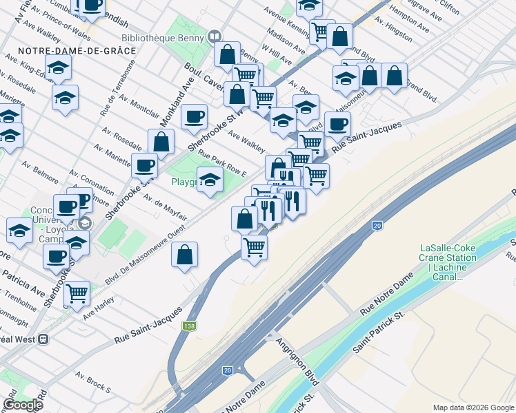 map of restaurants, bars, coffee shops, grocery stores, and more near 6711 Rue Saint-Jacques in Montréal