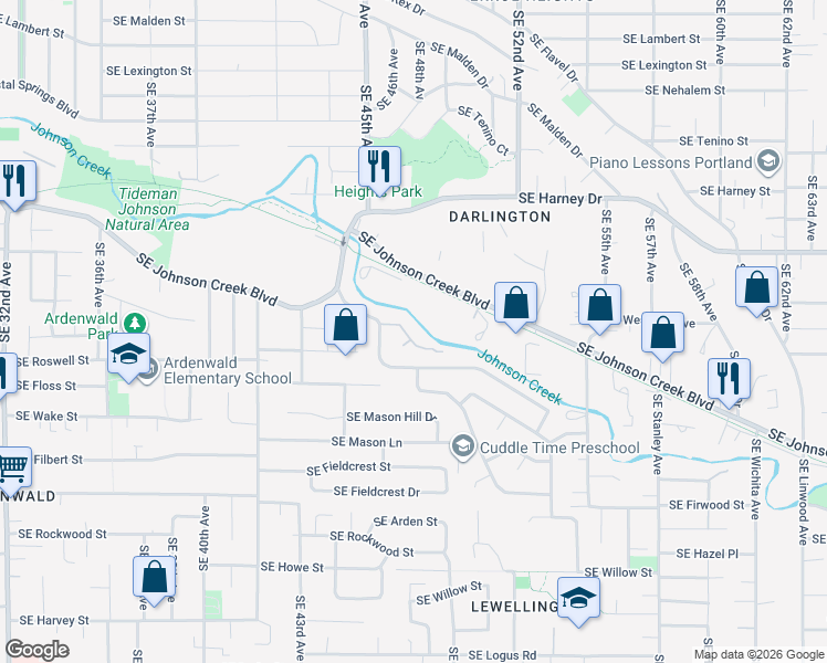 map of restaurants, bars, coffee shops, grocery stores, and more near 4647 Southeast Brookside Drive in Portland