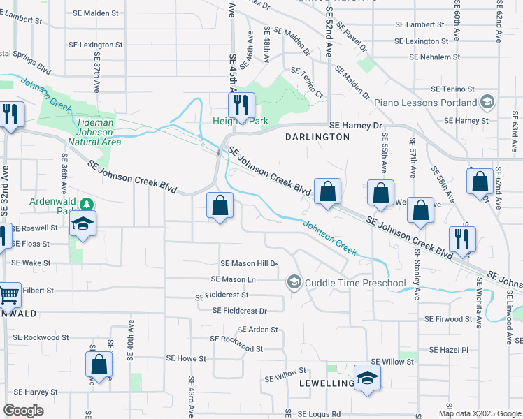 map of restaurants, bars, coffee shops, grocery stores, and more near 4647 Southeast Brookside Drive in Portland