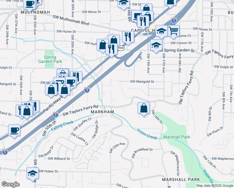 map of restaurants, bars, coffee shops, grocery stores, and more near 9134 Southwest 25th Avenue in Portland