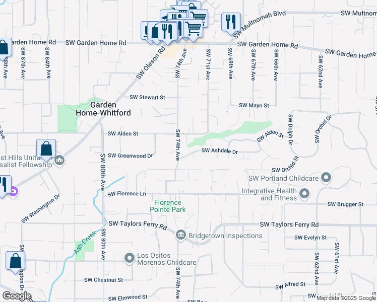 map of restaurants, bars, coffee shops, grocery stores, and more near 7375 Southwest Ashdale Drive in Portland