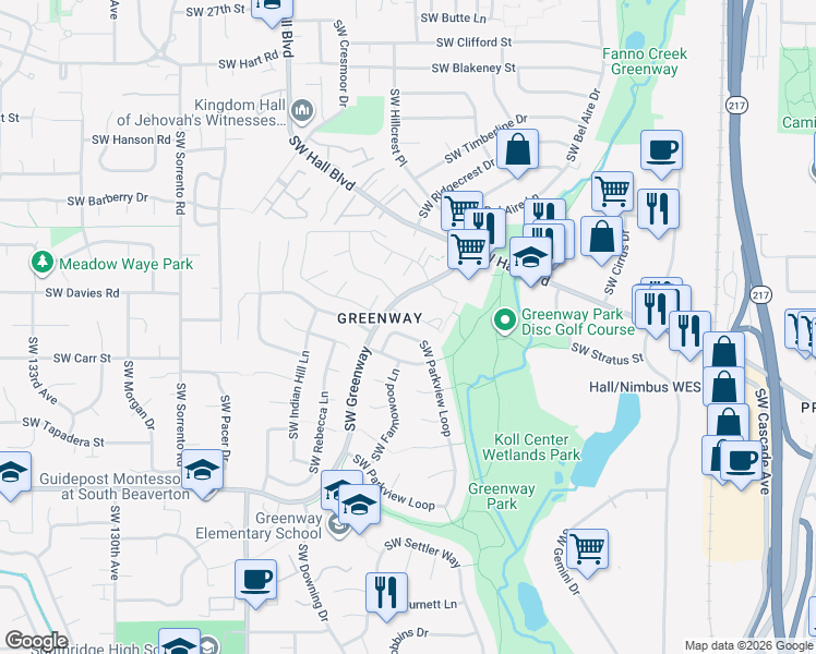 map of restaurants, bars, coffee shops, grocery stores, and more near 8455 Southwest Parkview Loop in Beaverton