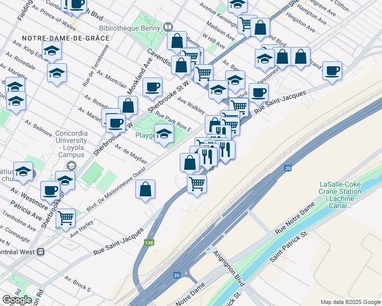 map of restaurants, bars, coffee shops, grocery stores, and more near 6691 Rue Saint-Jacques in Montréal