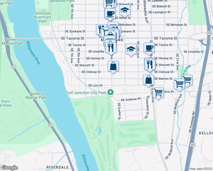 map of restaurants, bars, coffee shops, grocery stores, and more near 1218 Southeast Linn Street in Portland