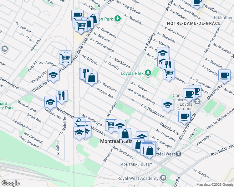 map of restaurants, bars, coffee shops, grocery stores, and more near 5110 Avenue Westmore in Montréal
