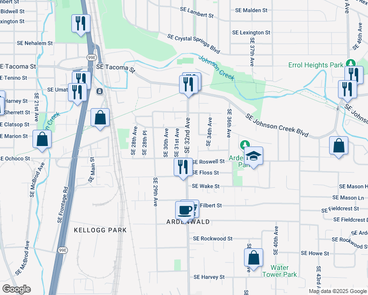 map of restaurants, bars, coffee shops, grocery stores, and more near 8822 Southeast 32nd Avenue in Milwaukie