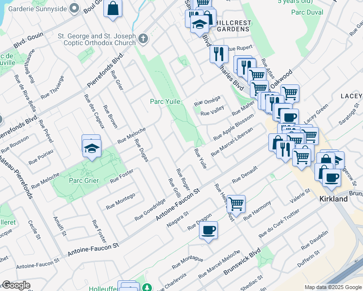 map of restaurants, bars, coffee shops, grocery stores, and more near 4577 Rue Hilltop in Montreal