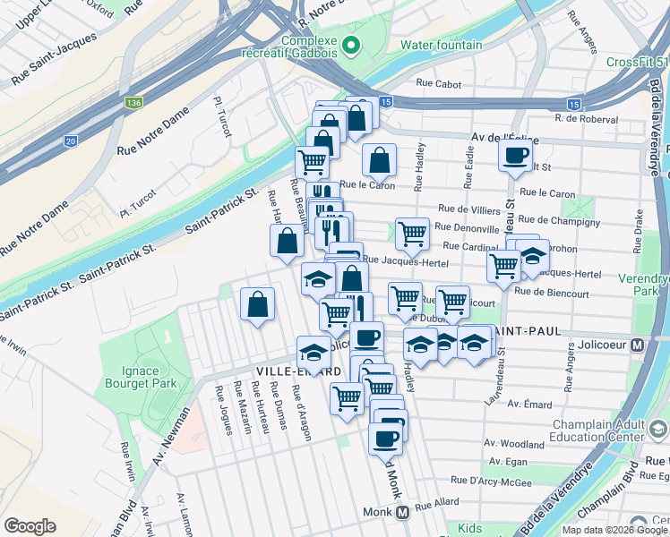map of restaurants, bars, coffee shops, grocery stores, and more near 5927 Boulevard Monk in Montreal